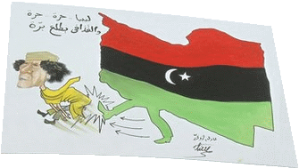 Karikatur: Muammar Al Gadhafi erhlt einen Futritt von dem libyschen Volk, symbolisiert durch die alte libysche Flagge, die von Gaddhafi bei seinem Amtsantritt 1969 abgeschafft wurde - von http://www.bbc.co.uk/news/world-middle-east-12550719